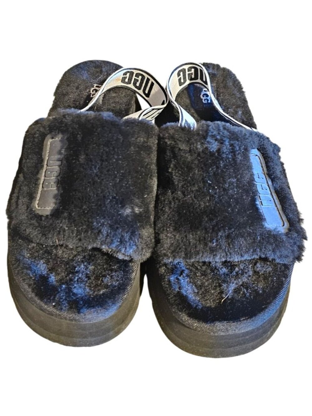UGG Fluff Yeah Slide Slippers Black Size 9 Sheepskin Upper Elastic Strap